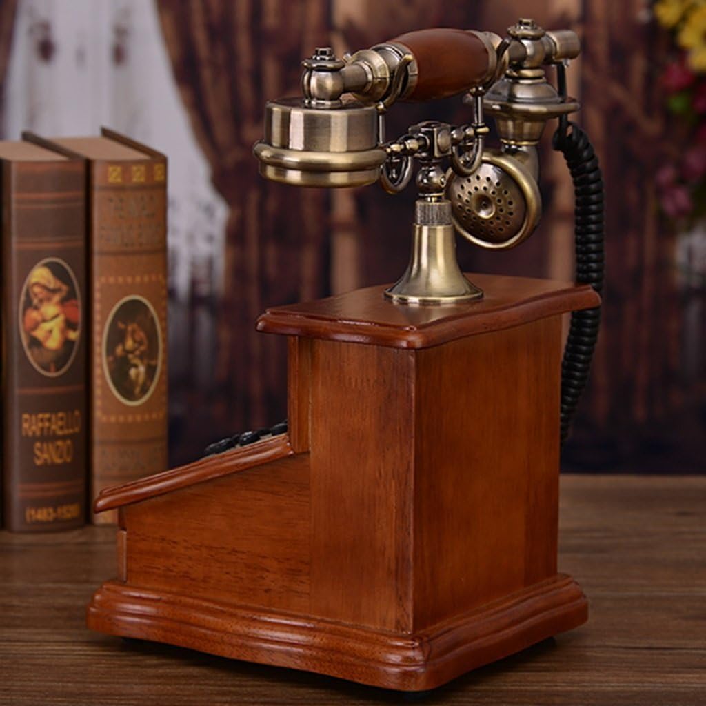 WD Classic Solid Wood Wired Fixed Phone with Rotating Dial and Metal Ringtones