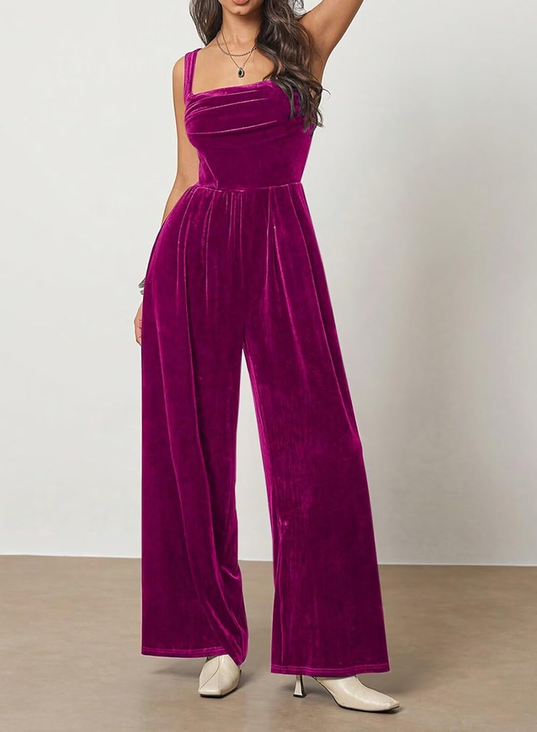 BLENCOT Womens Velvet Jumpsuit Winter Sleeveless Wide Leg Rompers Casual Fall Overalls - Image 3