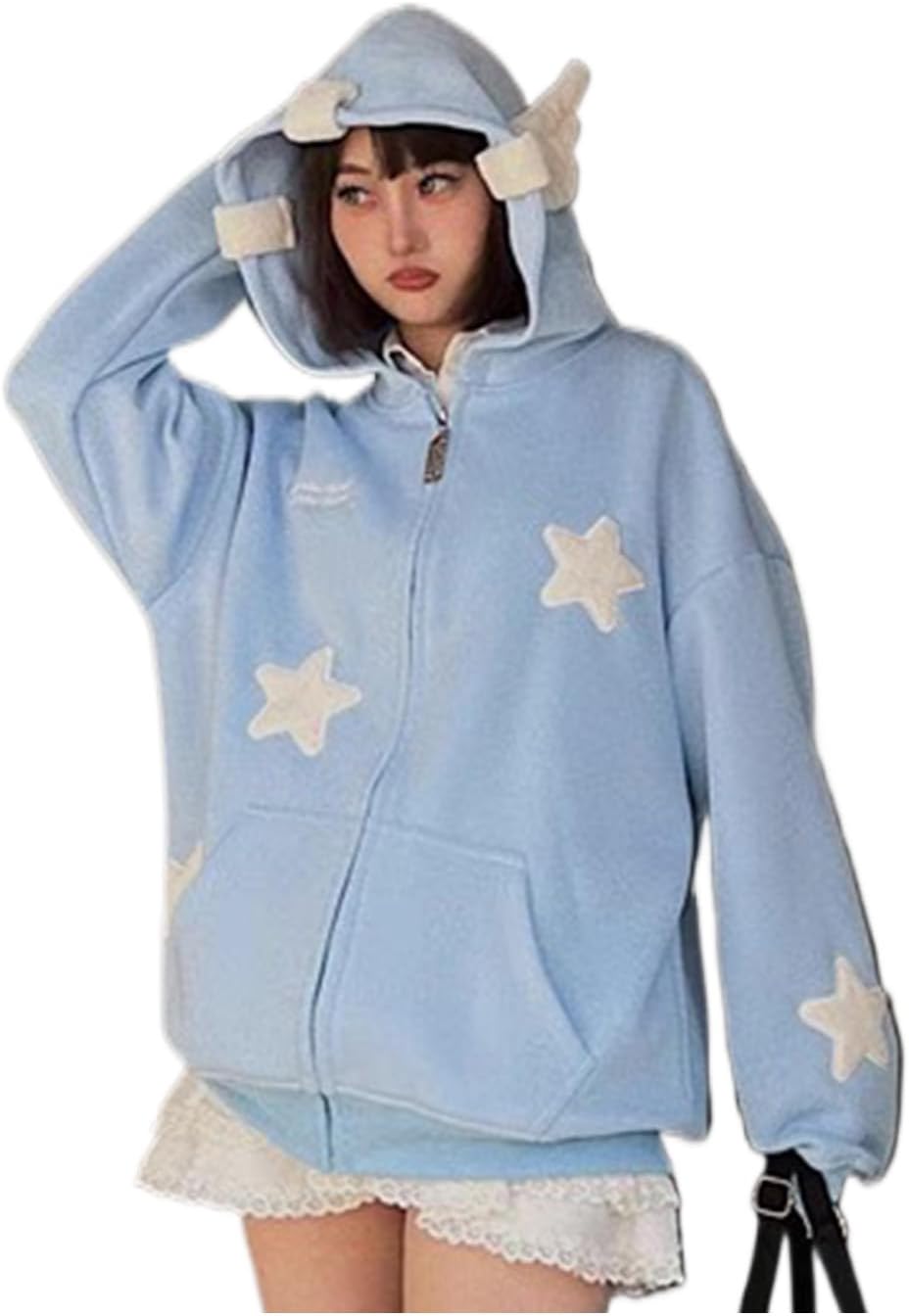Y2K Full Zip Hoodie Women - Kawaii Angel Wings Star Graphic Sweatshirt, Goth Harajuku Oversized Streetwear