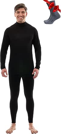 100% Merino Wool Base Layer Men's Set - Turtleneck Thermal Underwear and Socks