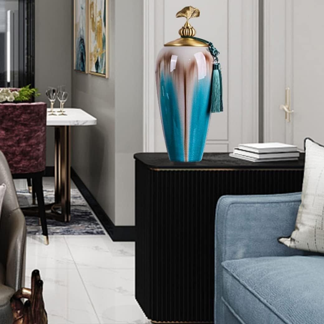 Food Storage Jar,Decorative Jar Ginger Jar Vase Decor Blue Ceramic Vases Ginger Jar with Lid for Home Decor Temple Jar Vase Porcelain Dried Flower Vases Ginger Jars Storage,B-22 * 30Cm