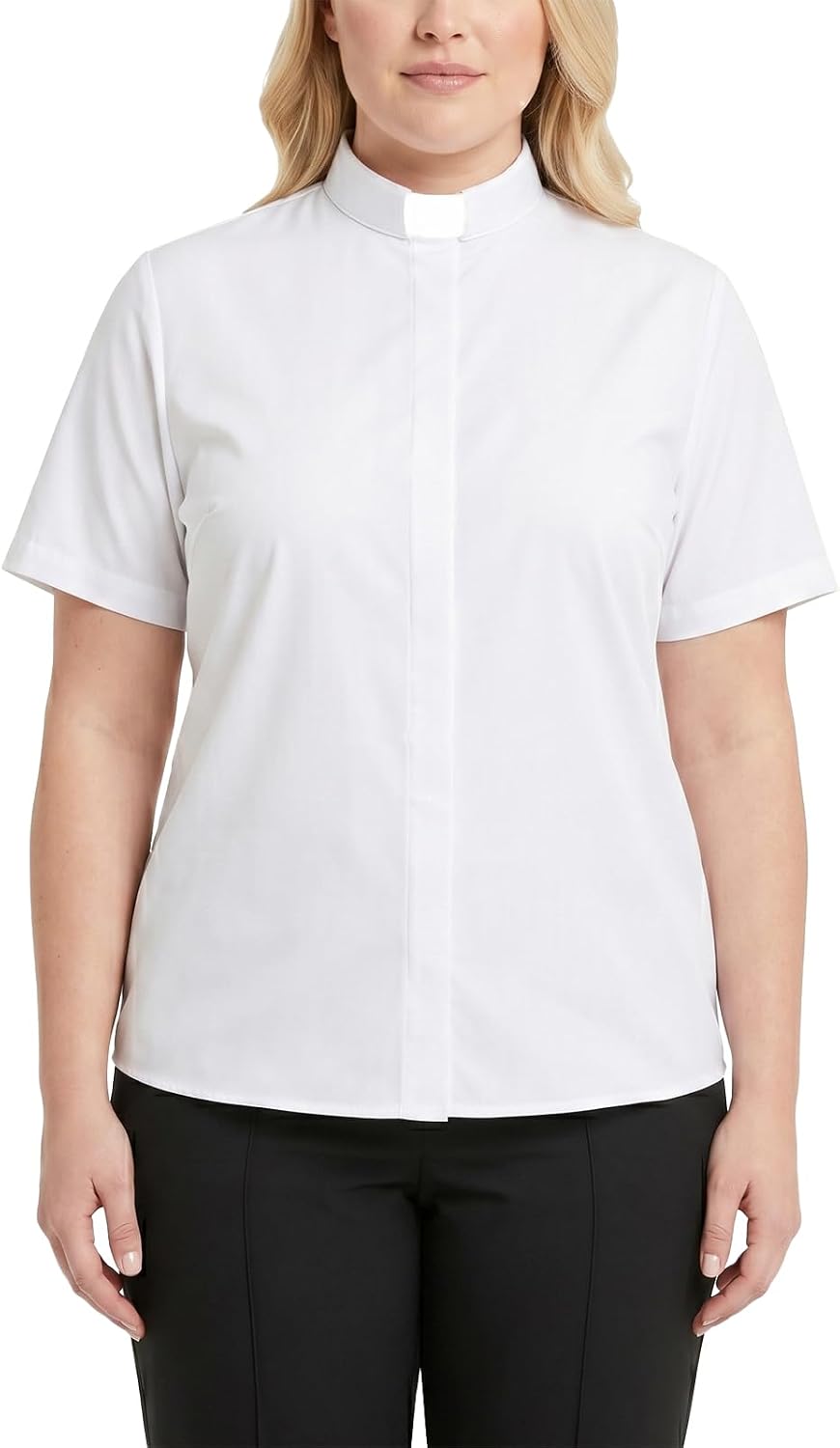 Women's Clergy Shirt Short Sleeve Tab Collar Hidden Placket Minister Pastor Church Blouse
