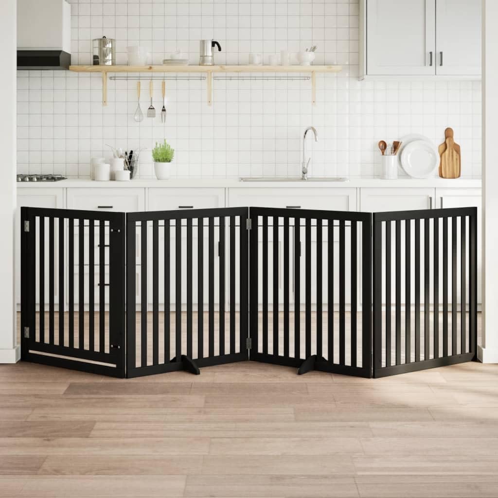 Foldable Dog Gate with Door, 4 Panels, 320cm Poplar Wood, Freestanding Pet Barrier, Black Finish, Portable, for Indoor Home Use