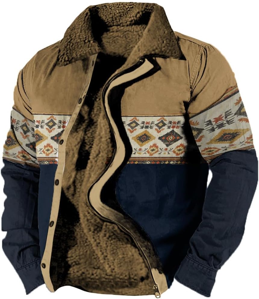 Men's Aztec Tribal Print Jacket Western Cowboy Graphic Fleece Coat Sherpa Casual Retro Zipper Jackets Warm Heavy