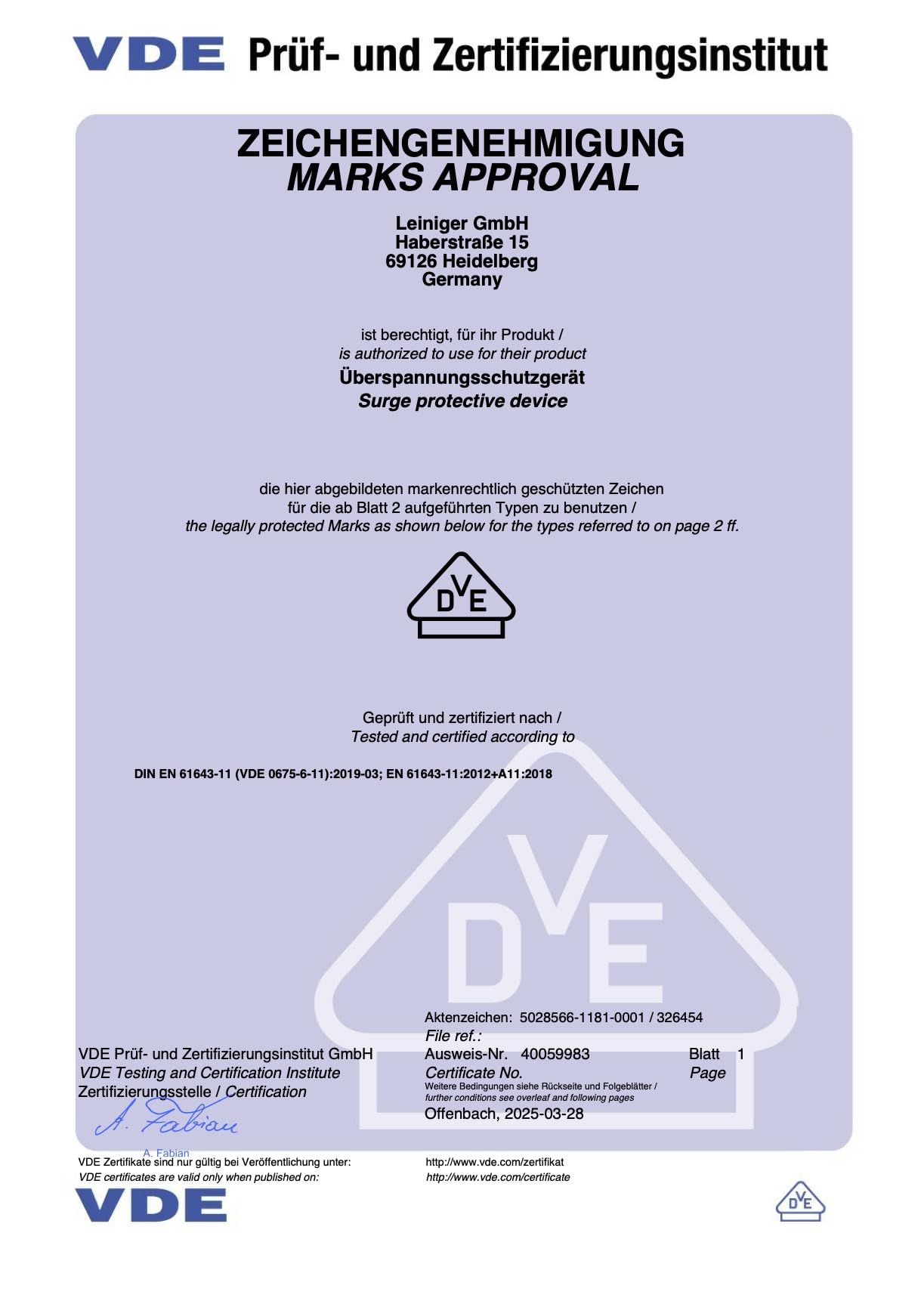 Überspannungsschutz, Überspannungsableiter von Leiniger, I+II, Typ 1+2 (B+C), 4-Polig, maximaler Ableitstrom 50 kA, VDE geprüft