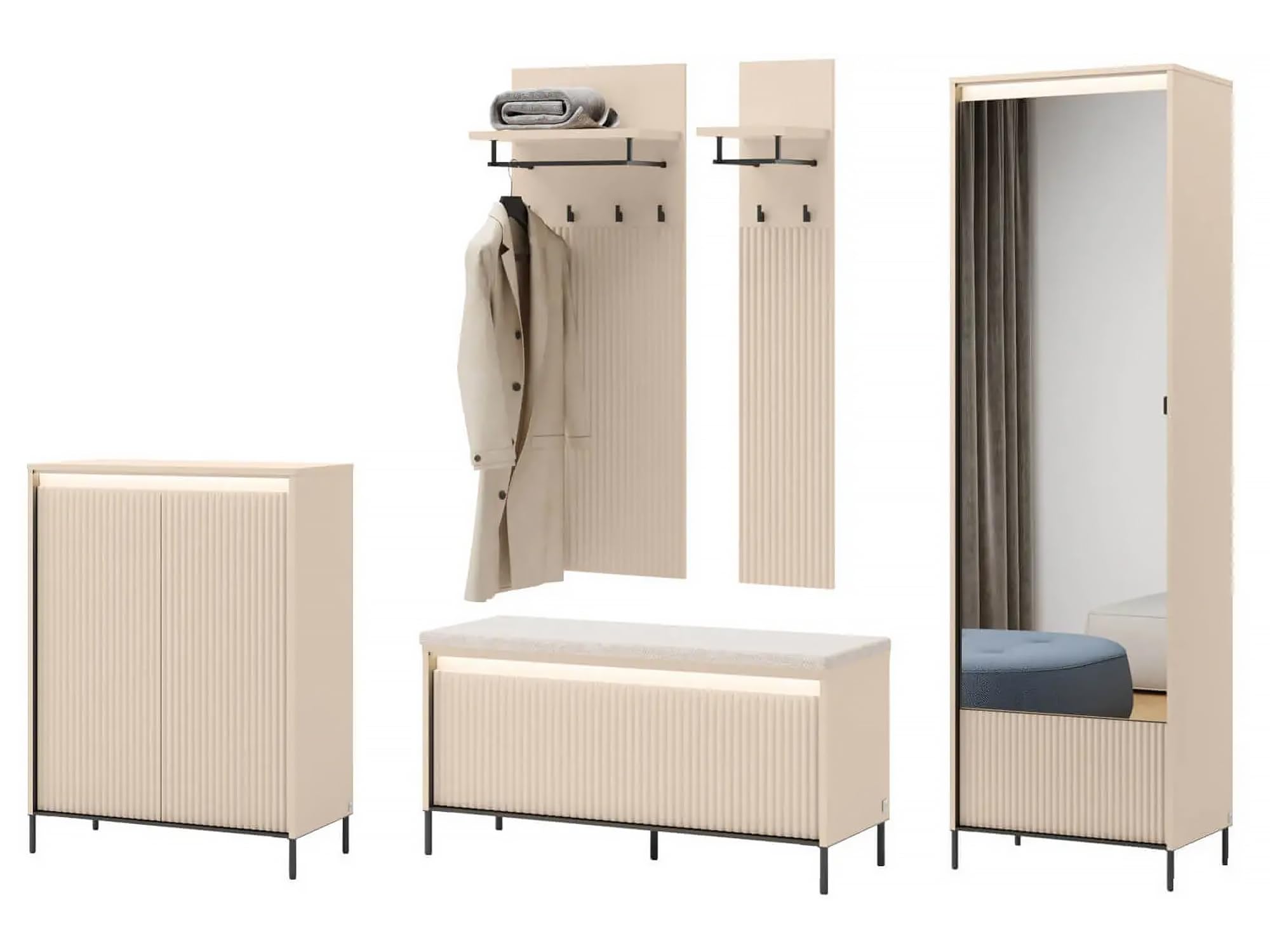 MEBLINI Garderobe Flur Möbel Set mit LED - Garderobenschrank Flur mit Spiegel - Garderobe Schrank - Flurgarderobe - Flurschrank hoch - Trend - Beige/Schwarz