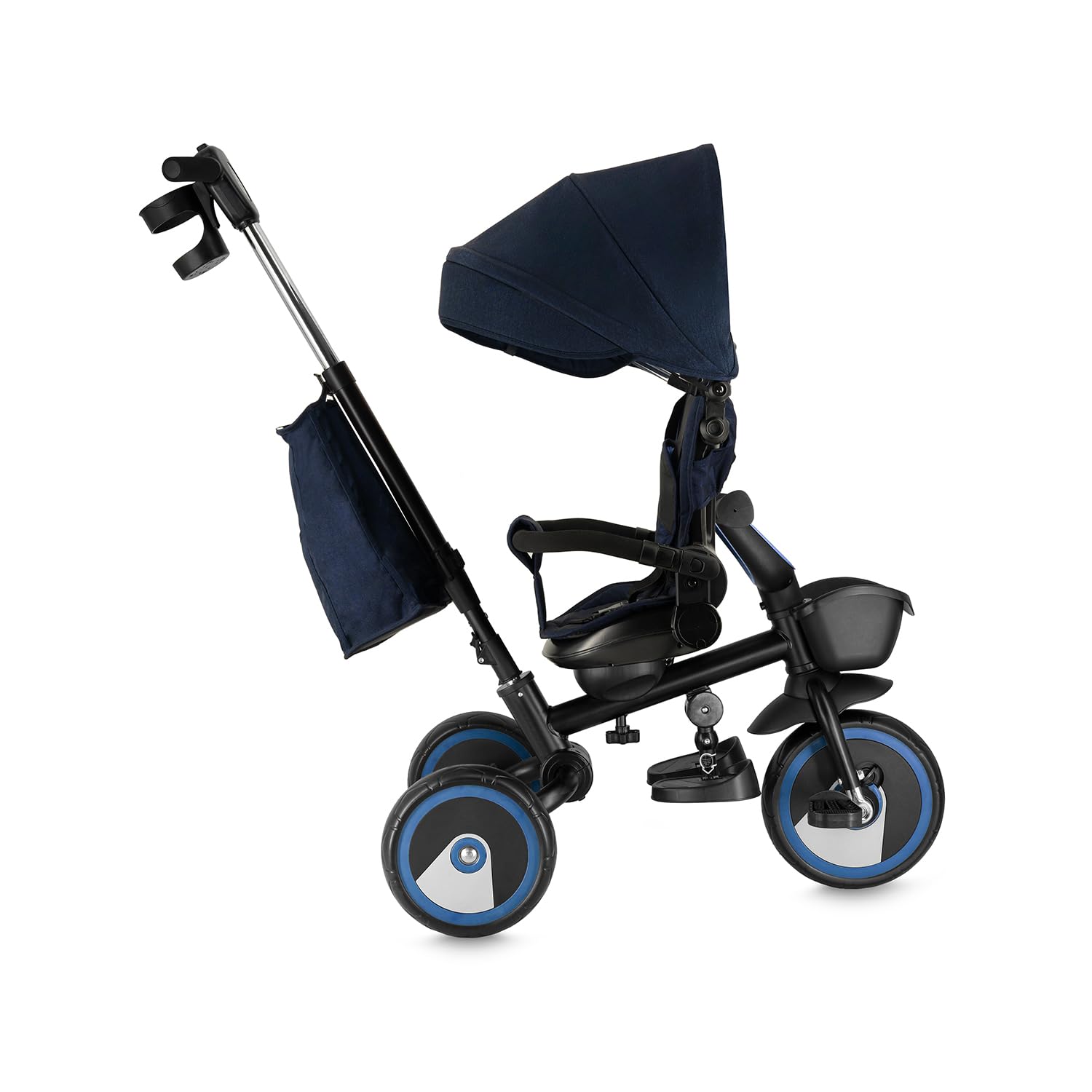 Triciclo per bambini MoMi IVI, seduta girevole 360°, cinture a 3 punti, poggiapiedi, tettuccio parasole, ruote EVA, manubrio regolabile, borsa e cestino portaoggetti