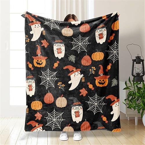 Surwin Halloween Decke, Kürbis Decke Flauschig Halloween Blanket Süße Kuscheldecke Herbst Decke Halloween Aesthetic Decke Halloween Kuscheldecke Pumpkin Geist Decke (Geist,70x100cm) - Geist - 70x100cm