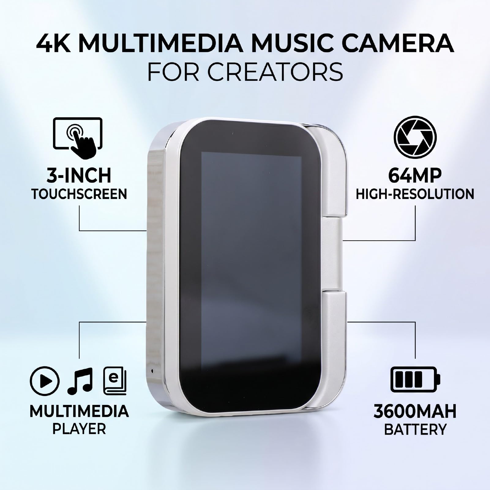 LICAEVEY 4K-Digitalmusikkamera, 64MP CCD-Kamera (Black) | 3-Zoll-180-Flip-Touchscreen mit 3600-mAh-Akku, OTG-Anschluss für Selfie-Beauty-Modus und Unterhaltung