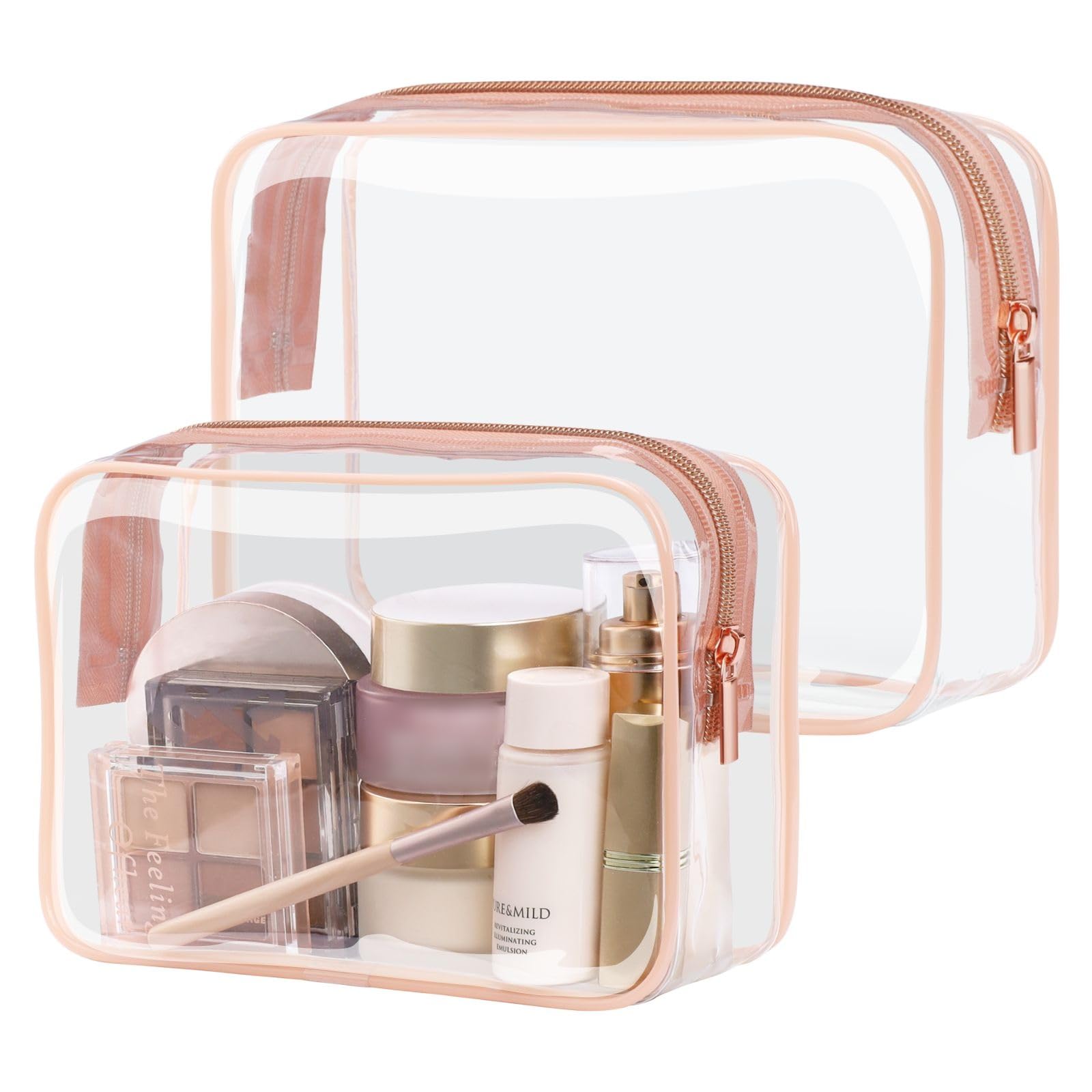 PACKISMTSA Approved Toiletry Bag - Clear Makeup Bags in 2 Size, Durable with Supporting Frame, Perfect for Travel Essentials, Carry-on Airport Airline Compliant Bag, Rose Pink