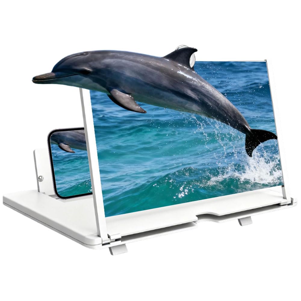 Big Screen Phone Magnifier, 2026 New 3D HD Magnifying Projector Screen Enlarger for Movies, Videos and Gaming, Foldable Holder Stand Compatible with All Phones (White, 14 in)