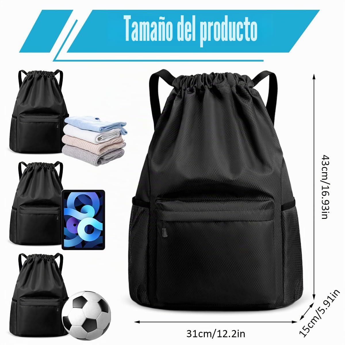 Mochila Deportiva con Cordón, Unisex, Gran Capacidad, Impermeable | Con Compartimentos, Ajustable, Para Deporte, Escolar, Gimnasio, Casual, Viaje, Playa