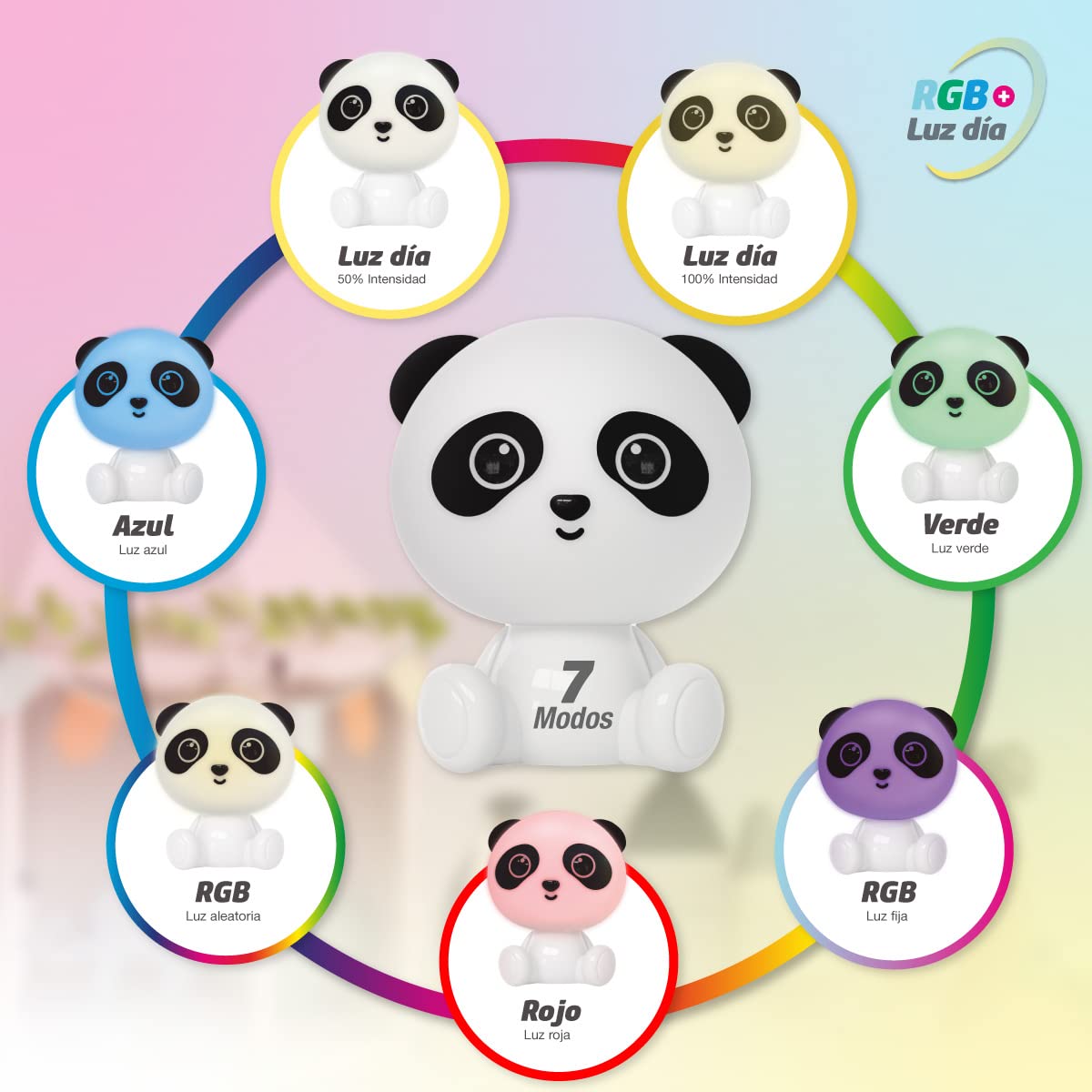 Luce notturna per bambini Panda LED 2,5W RGB + batteria ricaricabile per luce diurna Bianca