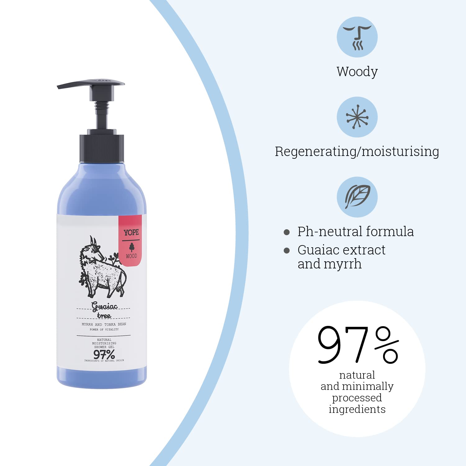 YOPE Natural Shower Gel | Myrrh, Guaiac, Guarana Extract | Vitamin C | Moisturising | 97% Natural Ingredients | Guaiac Tree 400ml (Pack of 2) - Image 2