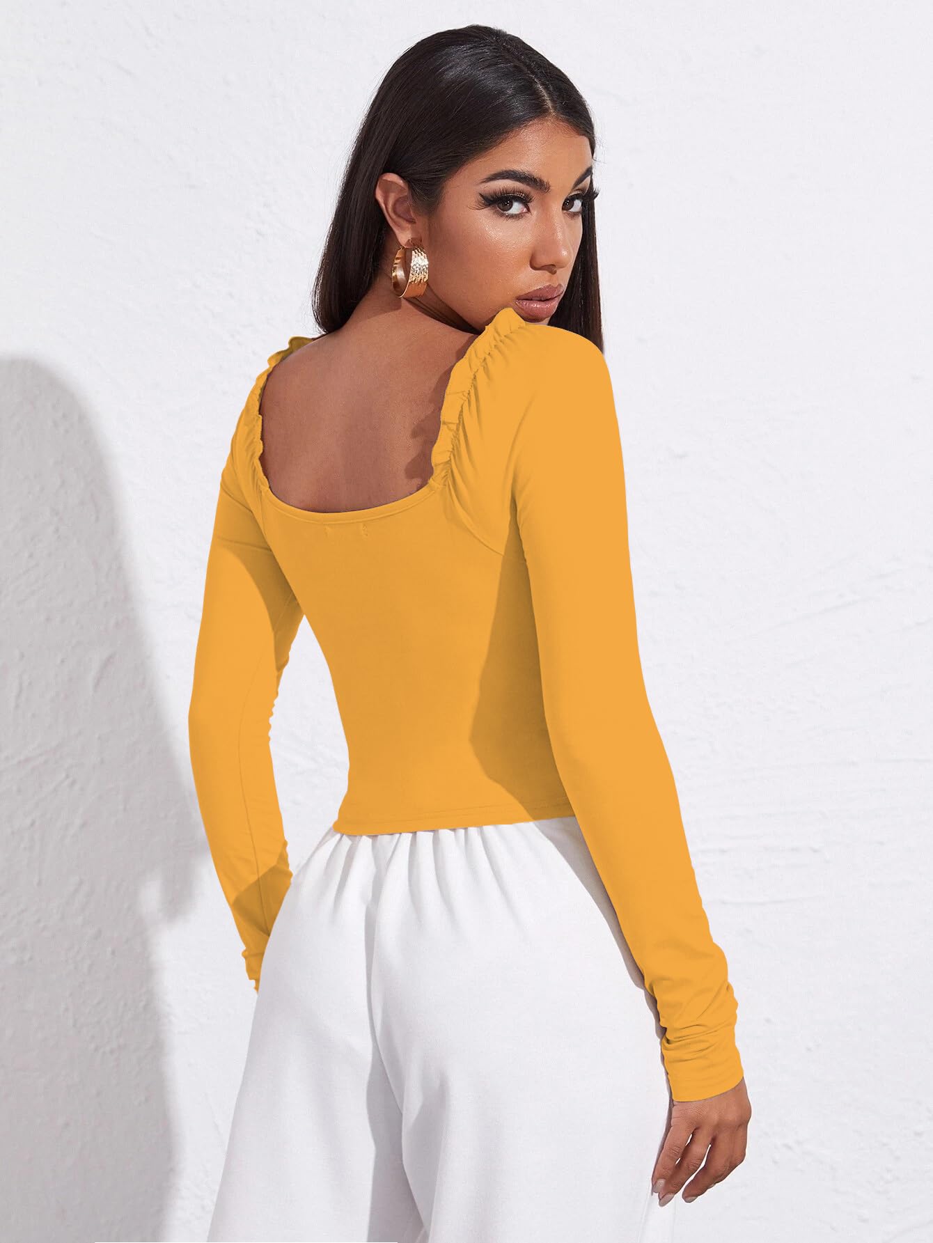 AVANOVA Damski i dziewczęcy długi rękaw Sweat Hear Neck obszycie falbankami Crop Top dla kobiet i dziewcząt (TOP 71)