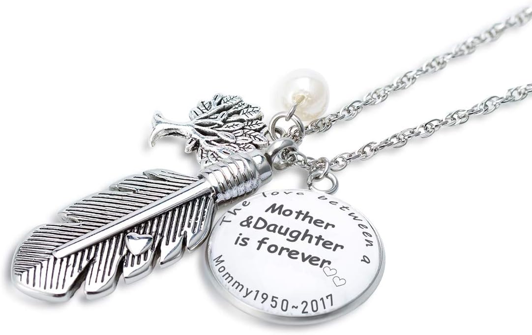 FASJOYPersonalized Feather Cremation Necklace The Love between Mother&Daughter is Forever Keepsake Urn for Ash