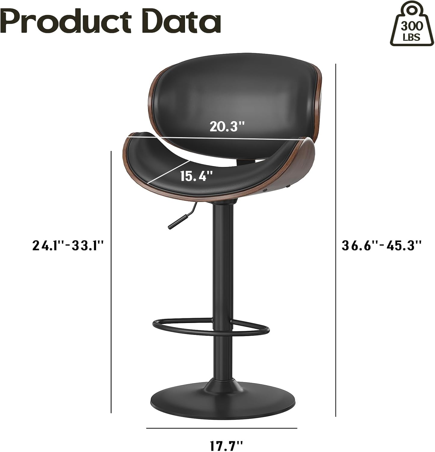 Farini Swivel Bar Stools Set of 2 Adjustable Height Bentwood Barstools with PU Leather Upholstered Seat, Backrest and Footrest,Modern Kitchen Counter Chairs for Bar, Dining Room,Black