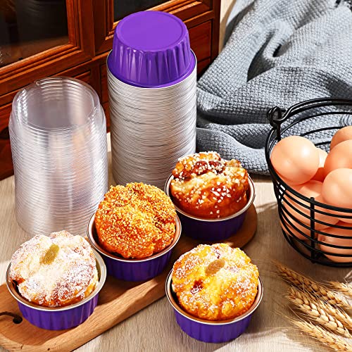 200 Pcs Aluminum Foil Baking Cups 5 Oz Disposable Ramekins Mini Cake Pans With Lids Desserts Flans Cupcake Liners Pudding Cups For Muffin Pie Pudding Creme Wedding Party Valentines (Purple) #TOP3