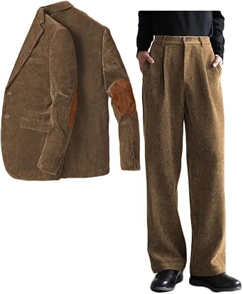 ONAXTDA Elbow Patch Corduroy 2 Piece Jacket Pants Set for Men Two Button Casual Txuedo for Prom Party Wedding