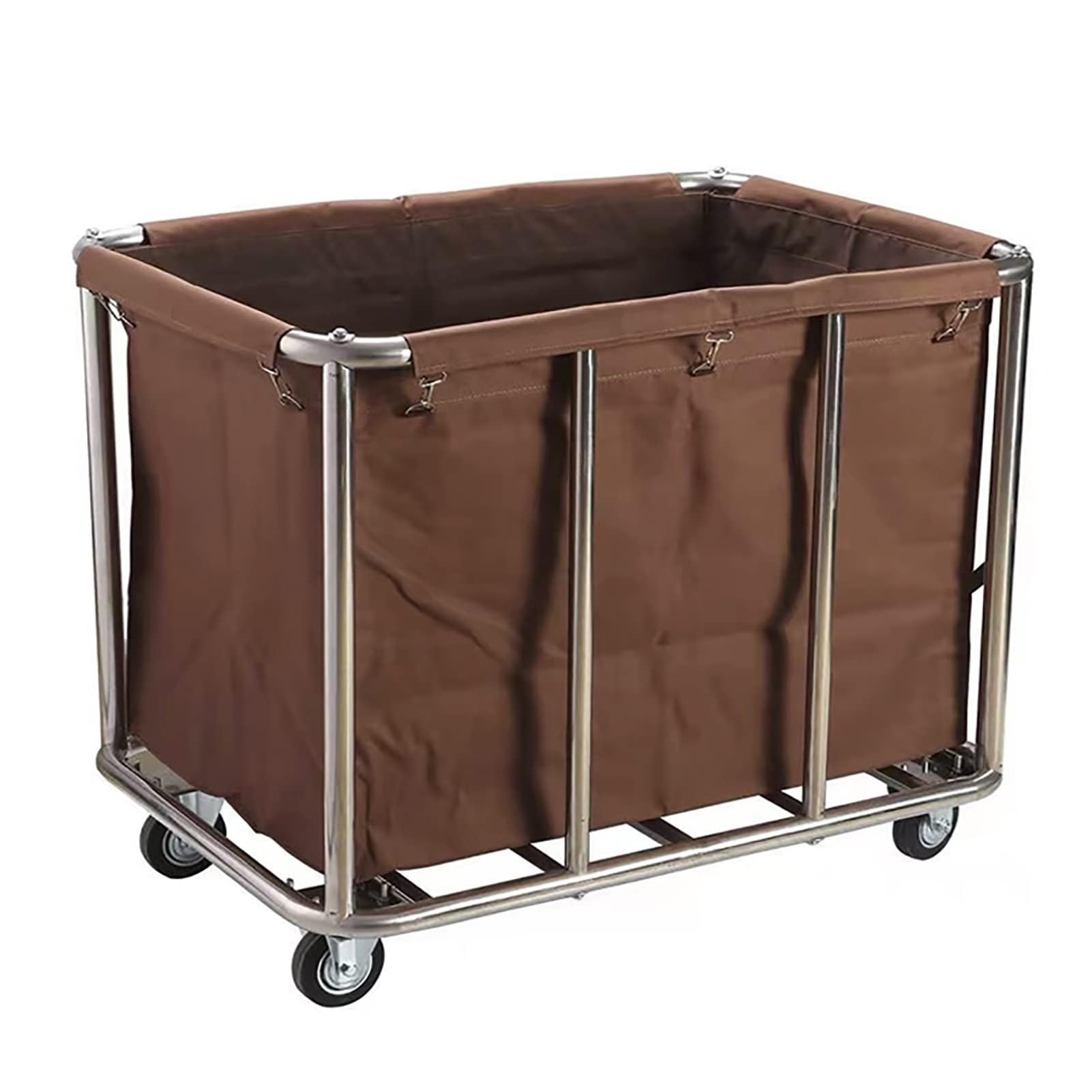 JYBNBBE Heavy Duty Laundry Trolley Cart with Removable Canvas Lining, Stainless Steel Hamper and Wheels for Home or Hotel Housekeeping,Coffee Brown-8 tubes