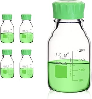 Media Bottle, 4pcs of 250ml(8.45oz) 3.3 Borosilicate Glass Bottles with GL45 Screw Caps, PP Material, Assembled Non-drip Pouring Ring, 4038.0250.4