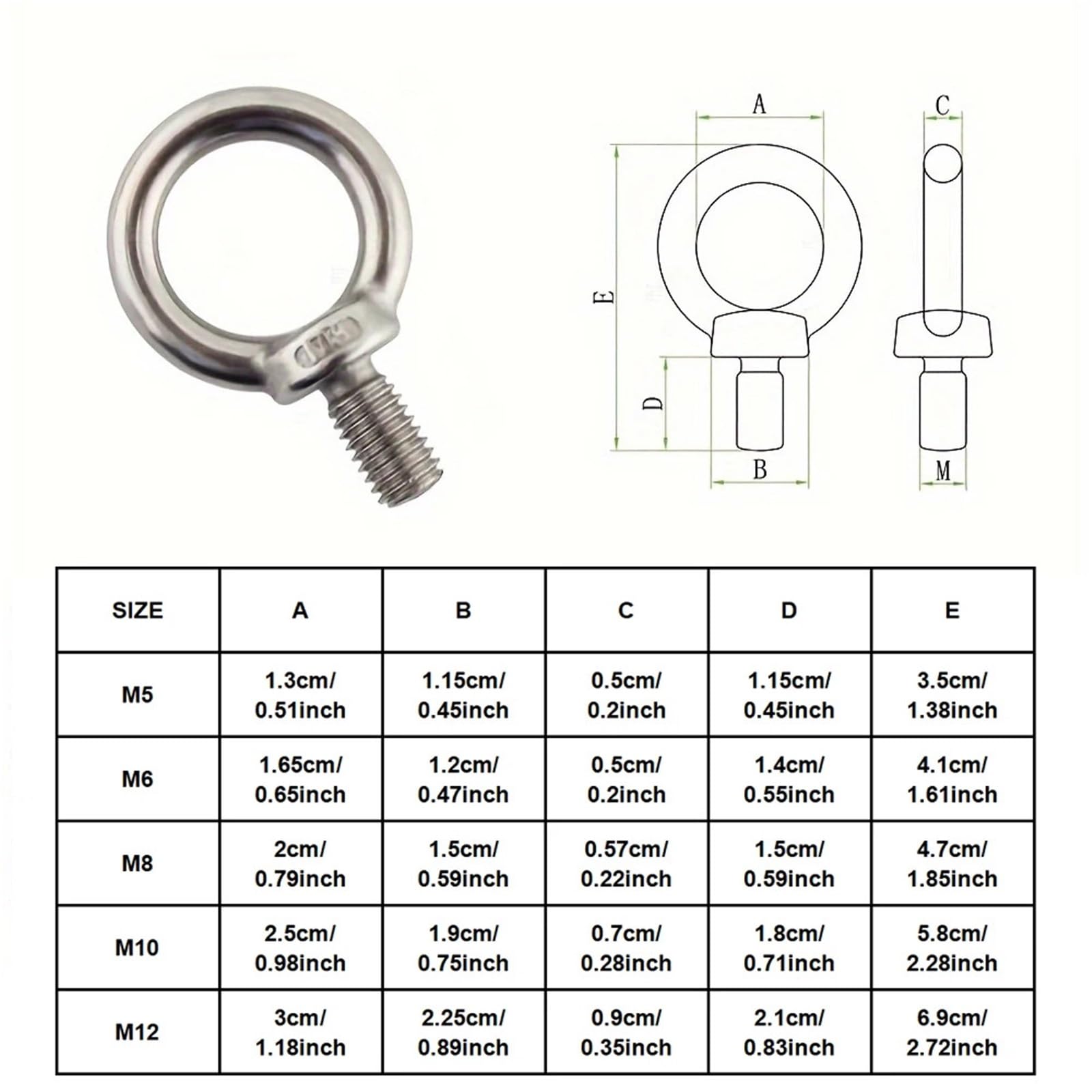 Tornillo De Ojo Tornillo de perno ojo elevación acero inoxidable 304 plateado alta resistencia M6 M8 M10 M12(5pcs,M12)