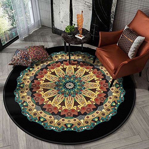 WLW Tapis Noir Tapis De Sol De Tapis De Yoga pour Enfants Play Mandala Noir Tapis De Fleurs Rondes De Style De Bohème De Style De Bohème C- 180cm in Diameter