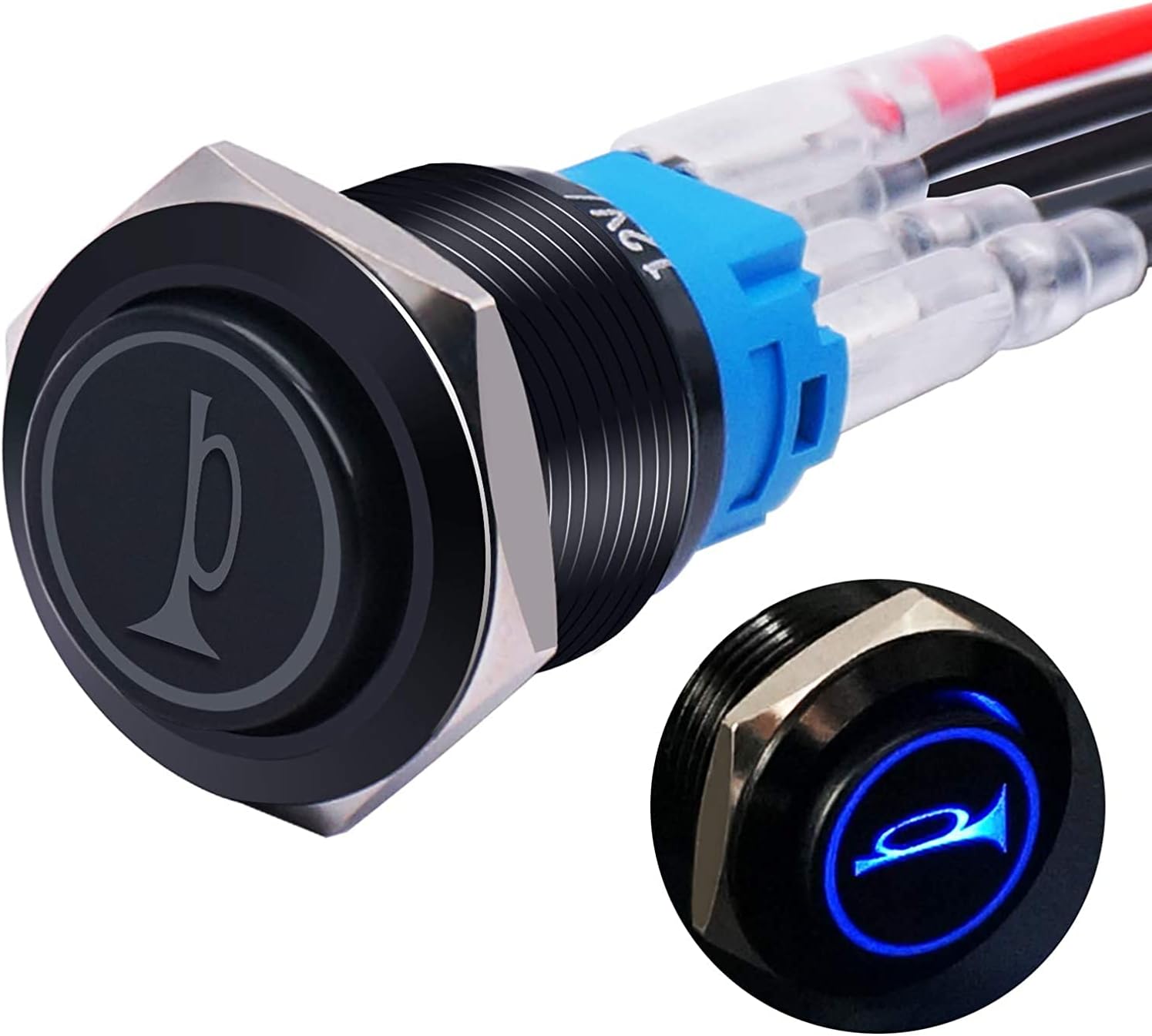 mxuteuk 16MM Raised Speaker Horn Momentary Push Button Switch 5/8" Mounting Hole 12V Blue Led Light Black Stainless Steel Shell 1NO1NC SPDT with Pre-wiring Wires Switch For Car Modification BKG16LB-BU