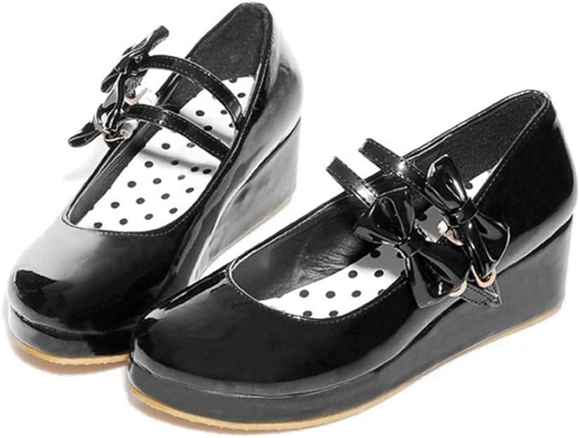 Fashion Women Wedges Mary Janes Shoes Vintage Round Toe Patent Leather