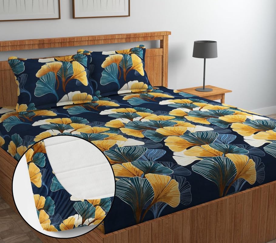 Image of Jashan Elastic Fitted Bedsheet with 2 Pillow Covers for Double Bed King Size - Cotton - Teal - 72 inch x 78 inch + 8 inch