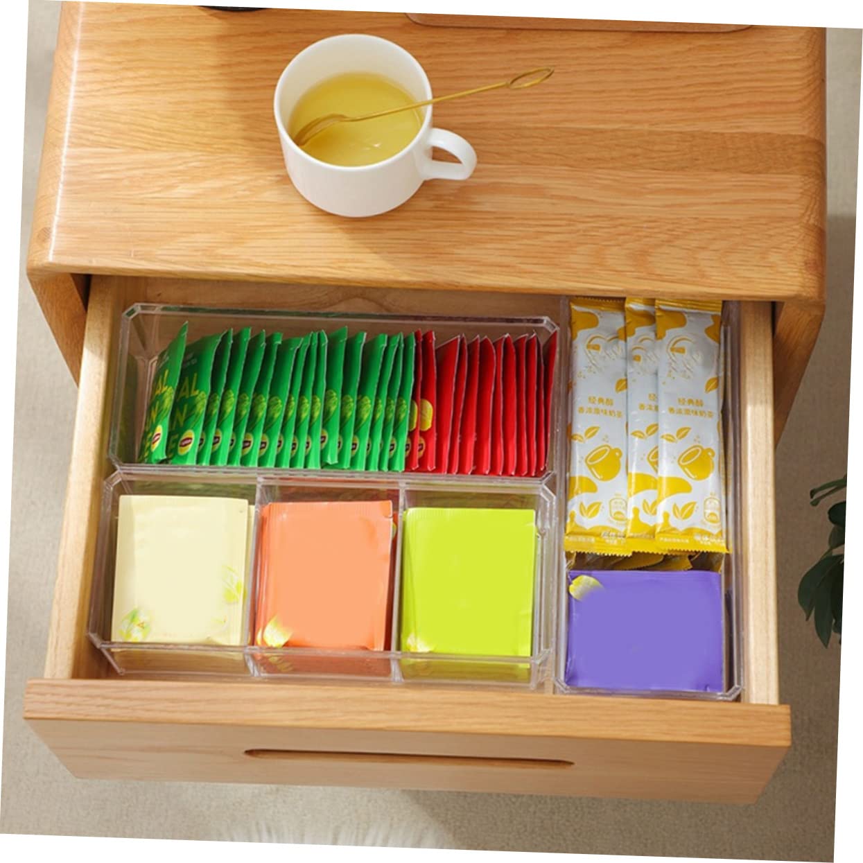 MUCKLILY Stackable Divided Tea Bag Holder Tea Box for Organizing Tea Bags Condiments Sugar Packets Multi Functional Storage for Home Office Coffee Stations