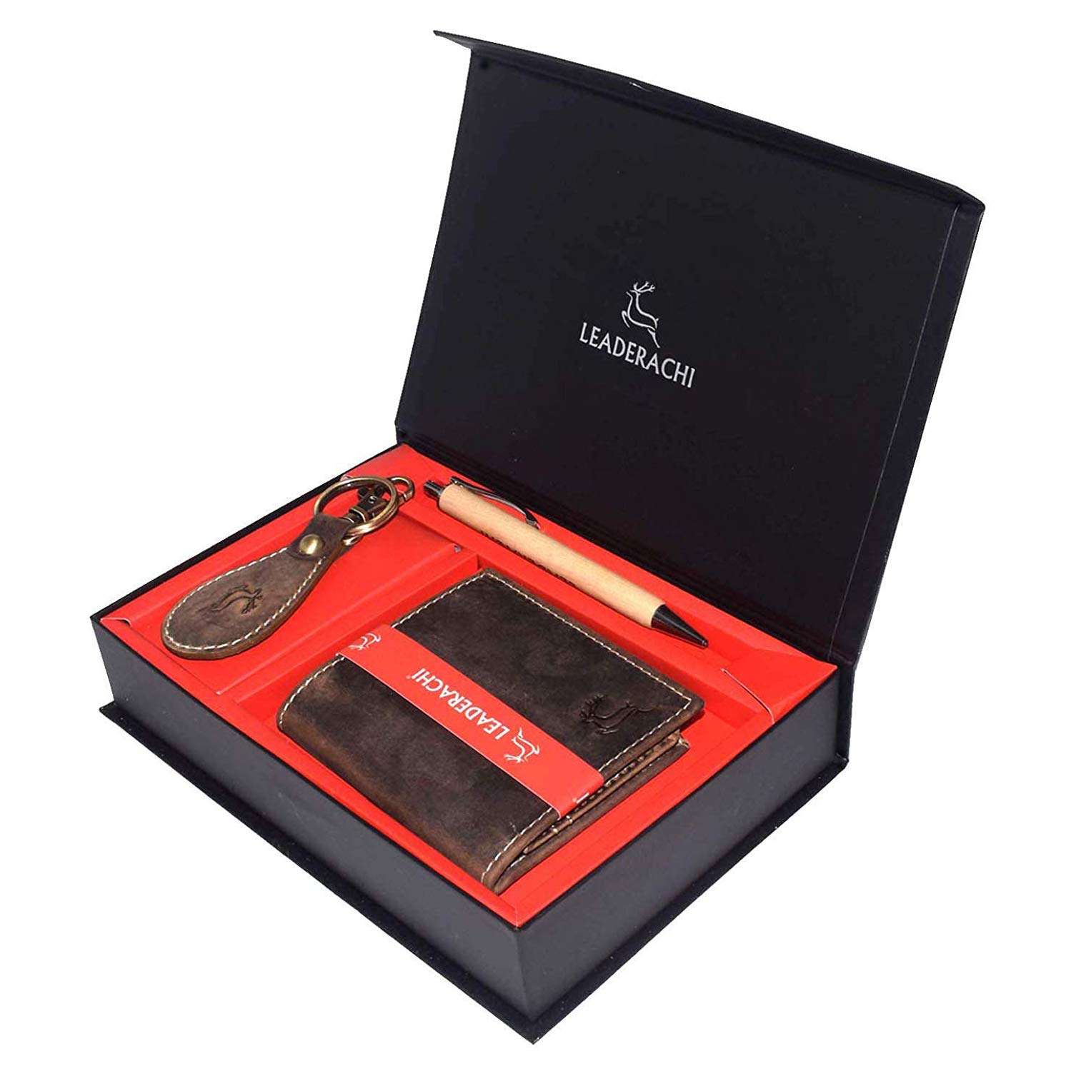 LEADERACHIGenuine Vintage Hunter Leather RFID Blocking Moneyclip Wallet with Designer Leather Key Ring & Wooden Pen Combo Gift Box for Mens.(WKP-8)