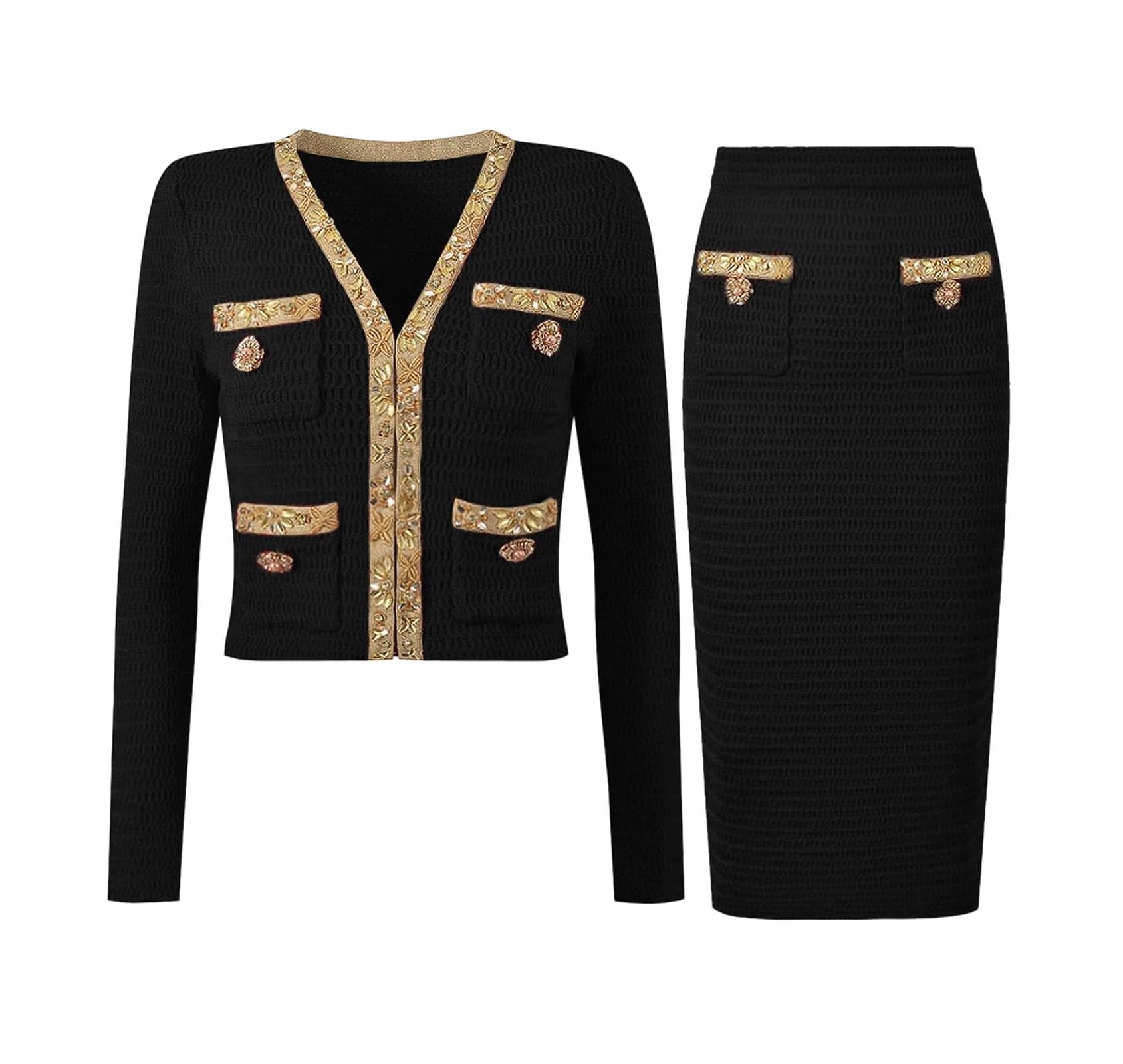 Womens Knitted Two Piece Set V Neck Beaded Cardigan And Short Skirt Fashion High Street Slim Fit Outfit