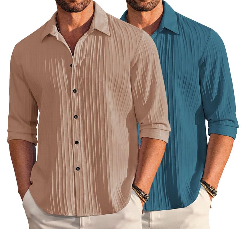 Image of DEELMO Combo of Men's Casual Button Down Shirts Long Sleeve Linen Shirt Fashion Textured Summer Shirts Pack of 2
