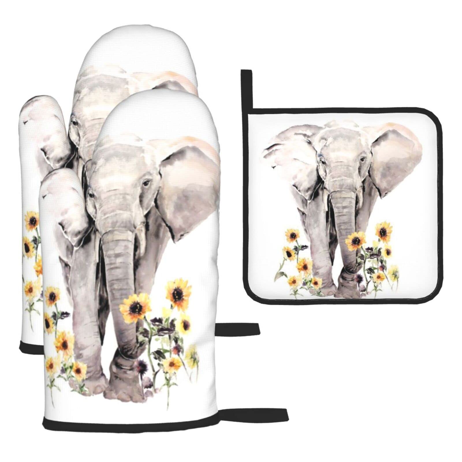 Elephant and Sunflower Oven Mitts and Pot Holder Kitchen Set for Grilling, Cooking, Baking, Heat Resistant