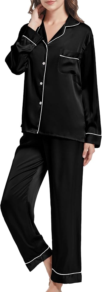 SWOMOG Set Pigiama da Donna, in Raso, a Maniche Lunghe, con Bottoni, Morbido, Lavanda, 42