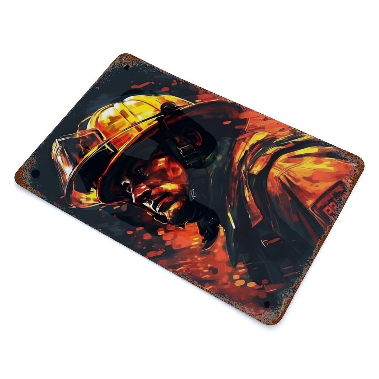 Firefighter Drawn Weathered Tin Sign 11.8"x7.9", Retro Wall Decor for Pub, Kitchen And Man Cave Decor