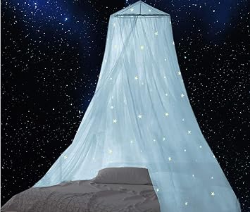 BCBYou Baby Canopy Mosquito Net with Fluorescent Stars, Glow in Dark for Kids, Adults & Full Size Bed Light Blue