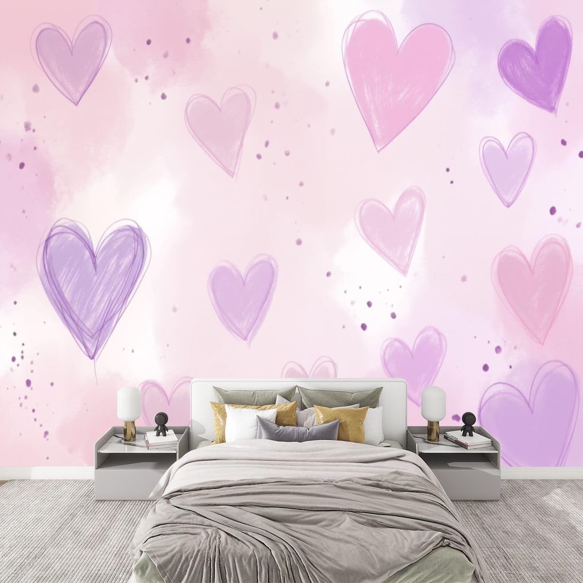 Peel and Stick Wallpaper Removable Mural for Bedroom Pastel Heart Soft Purple Pink Shades Watercolor Painting Textured Vinyl Wallpaper Renter Friendly Adhesive Wall Stickers & Murals