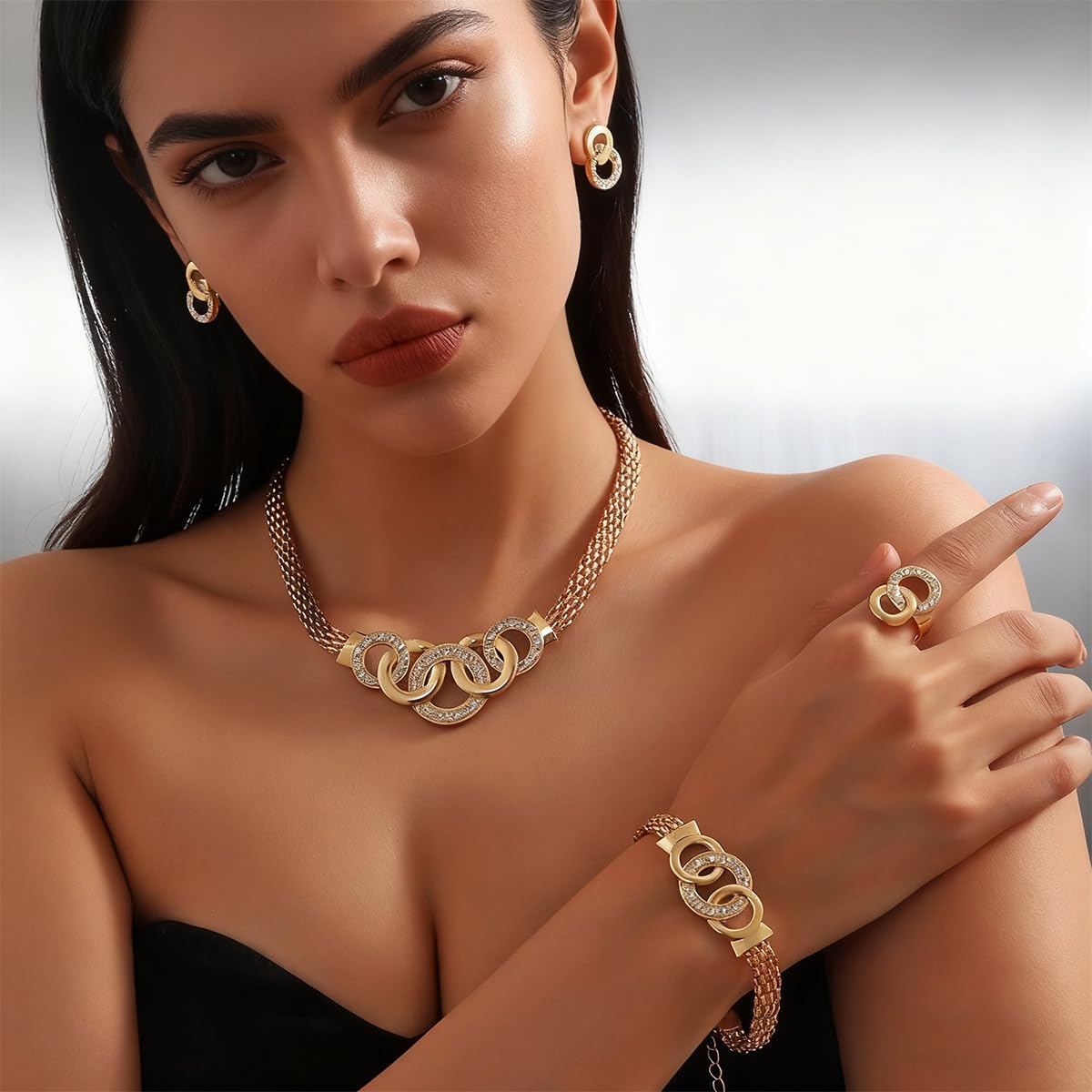 Gold Rhinestone Jewelry Set for Women Chunky Gold Rhinestone Necklace Bracelet Earrings Ring Wedding Prom Bridal Jewelry Set - Image 2