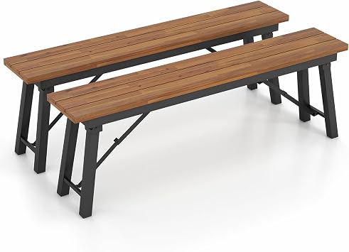 Tangkula Outdoor Folding Bench Set of 2, 55 2-3 Person Acacia Wood Backless Patio Dining Bench, No Assembly Weatherproof Picnic Bench, Collapsible Benches for Porch, Yard, Poolside, Balcony
