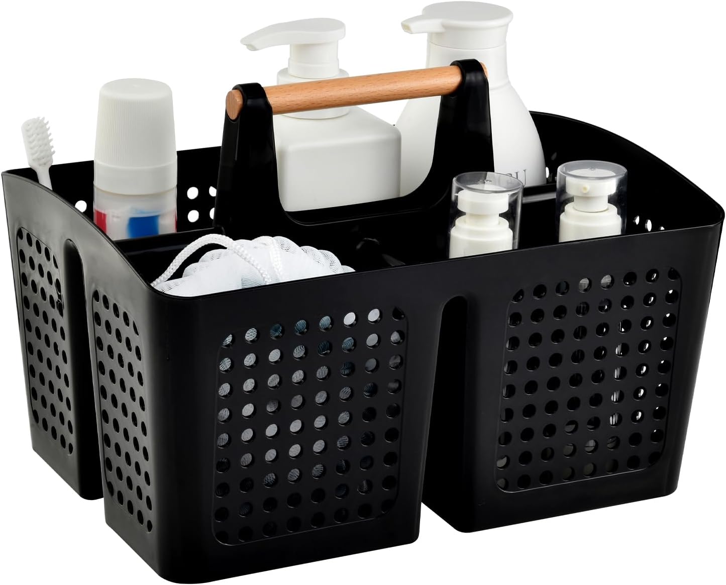 BLACK Portable Shower Caddy Basket with Compartments, Plastic Divided Cleaning Caddy Organizer Storage Tote with Handle for Bathroom, College, Dorm Room Essentials, Black