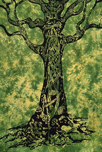 Popular Handicrafts Tree of Life Green Tie Dye Tapestry Wall Hanging Hippie Bohemian Psychedelic Tapestry Wall Art, Multi Purpose Tablecloth Tapestries 54x84 Inches,(140cmsx215cms) Green