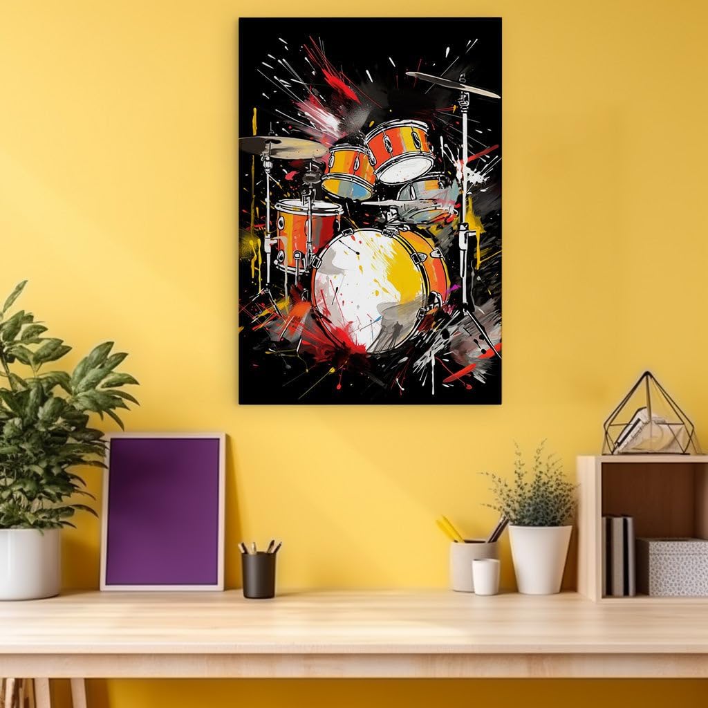 Canvas for Living room. Rhythmic Fusion Unleashed � A Dazzling Drum Set Amidst a Colorful Artistic Burst and the Mystery of the Number 6, 27 x 18 inch Canvas Wall Art - Modern Home Decor