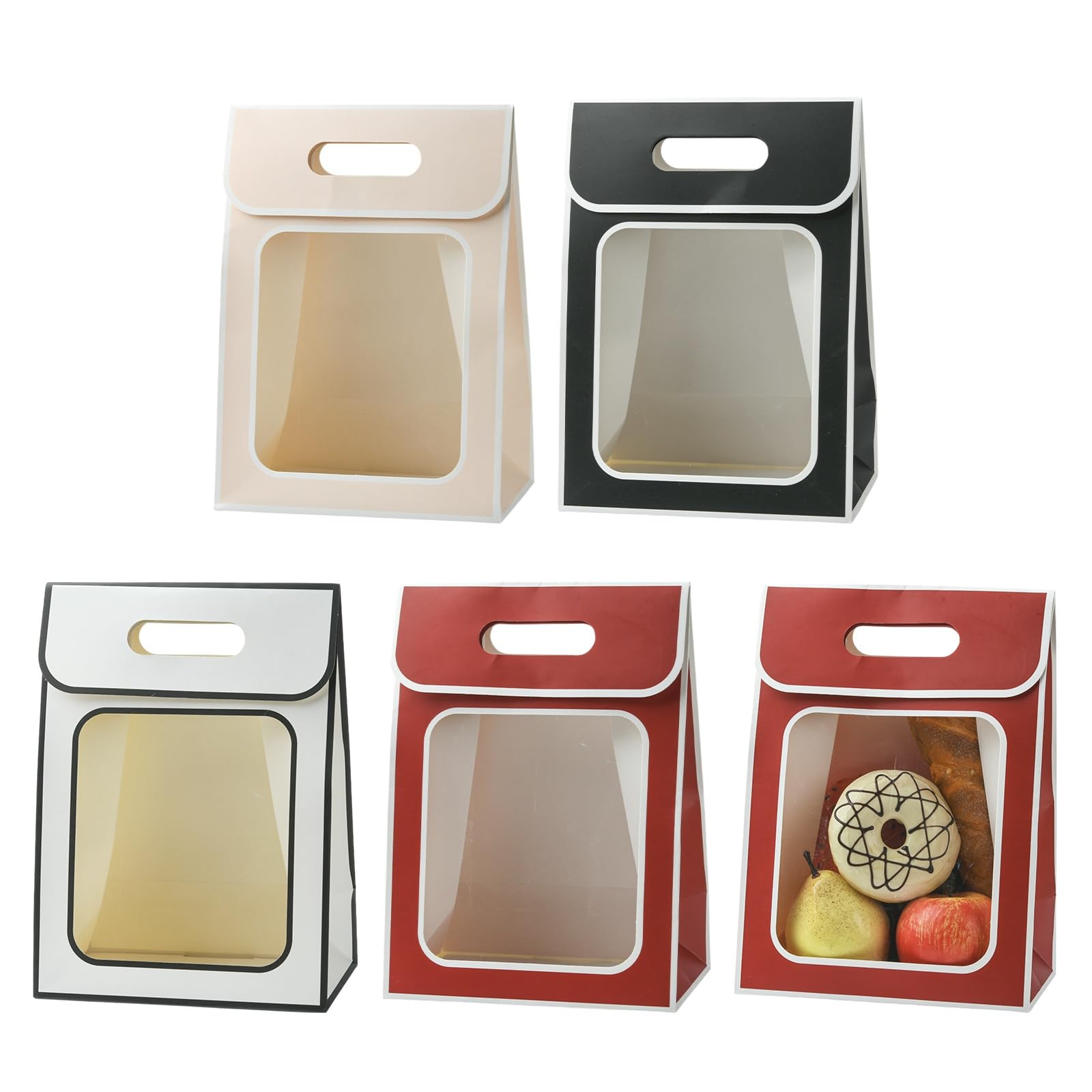 LiQunSweet Lot de 12 sacs cadeaux rectangulaires en papier kraft avec fenêtres en plastique - 4 styles - Noir, rose, rouge, blanc