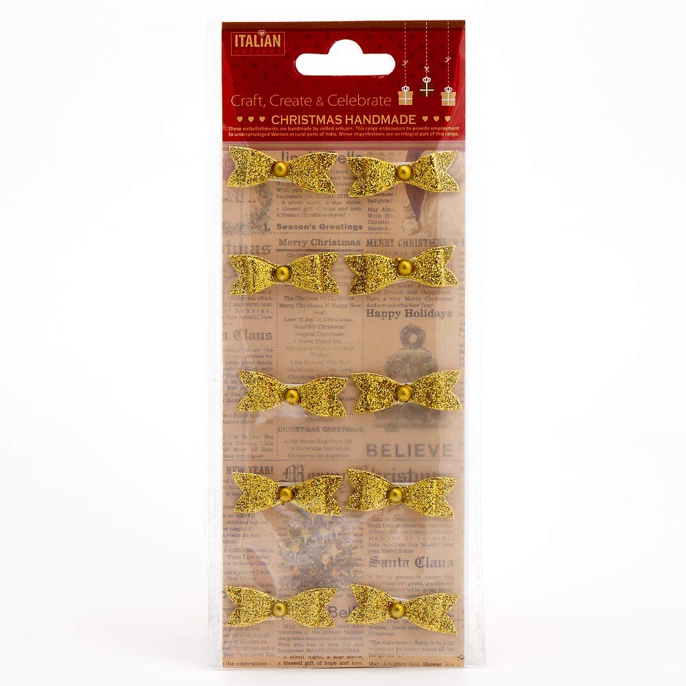 Italian Options Gold Glitter Paper Fancy Bows Craft Decoration Self Adhesive 3cm x 1.25cm (10 pcs)