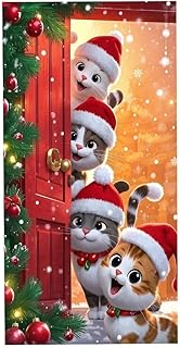 Cute Cats Xmas Door Cover, 2025 Elastic Door Cover for Christmas New Year, Cute Cat Xmas FrontDoor Banner Covering, Stretchable Fabric Holiday Decor for FrontDoor Indoor Outdoor