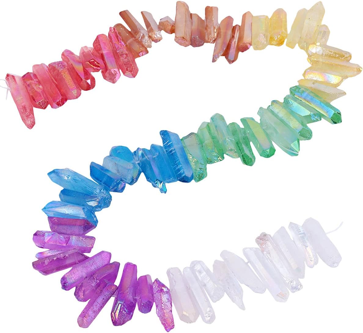 mookaitedecor Irregular Colorful Titanium Coated Rock Crystal Quartz Crystal Points Sticks Spikes Top Drilled Loose Beads for Jewelry Making, 15-16 Inches Strand