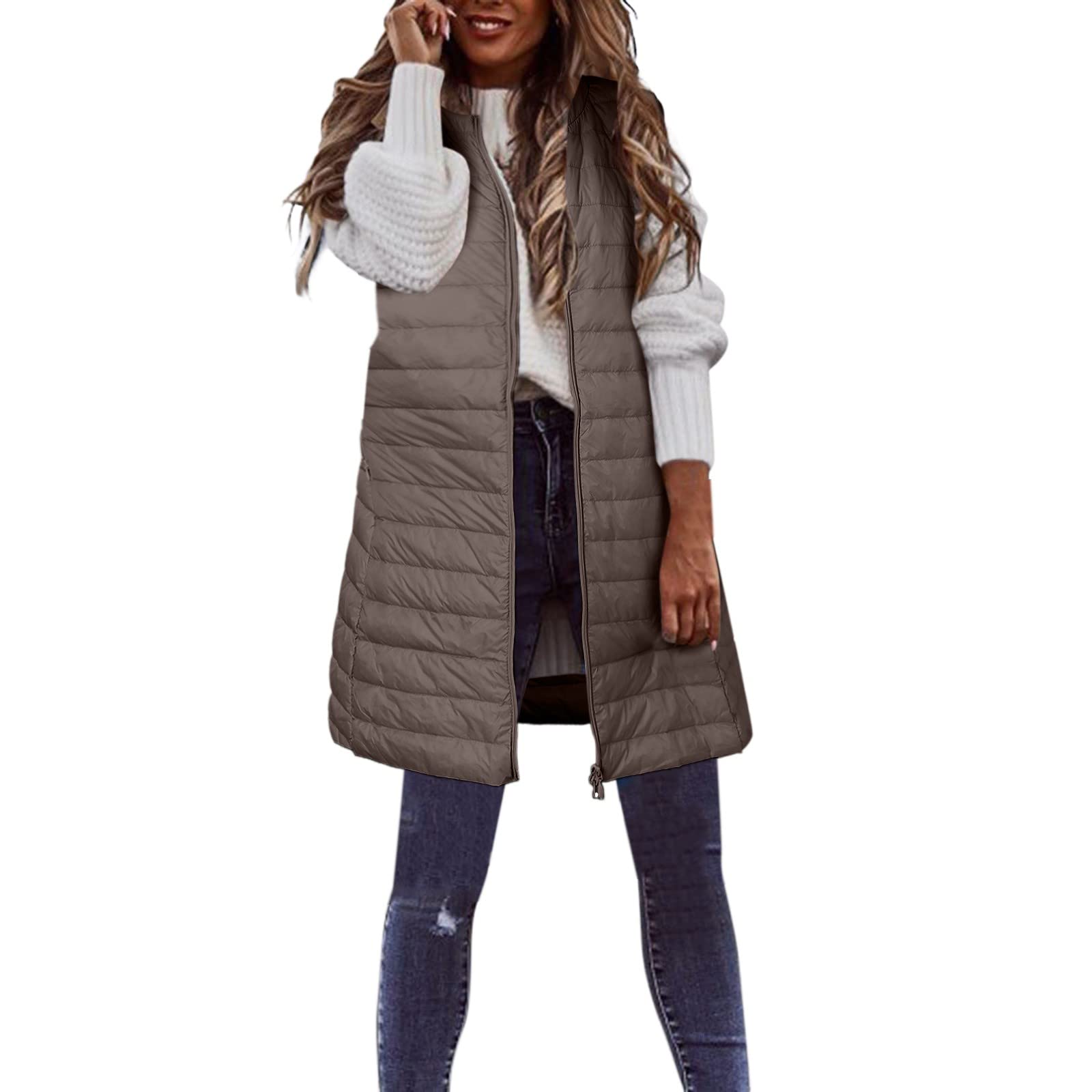 Generisch Piumino da donna, taglie forti, lungo, invernale, sottile, leggero, con tasche per esterni (cachi, M)