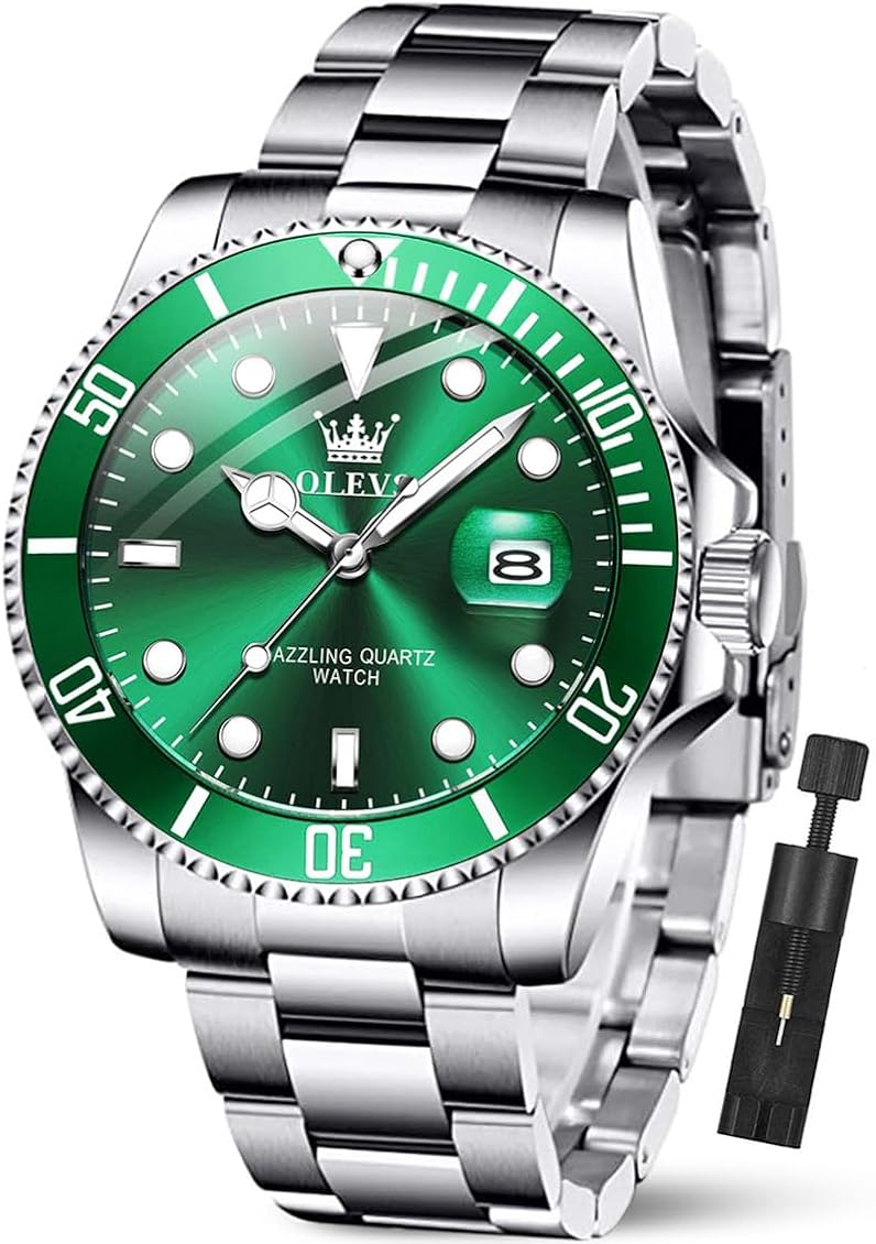 OLEVS Relojes de pulsera clásicos, relojes de negocios para hombre, reloj de vestir con día, verdenegroblancoazul, volante multifunción luminoso